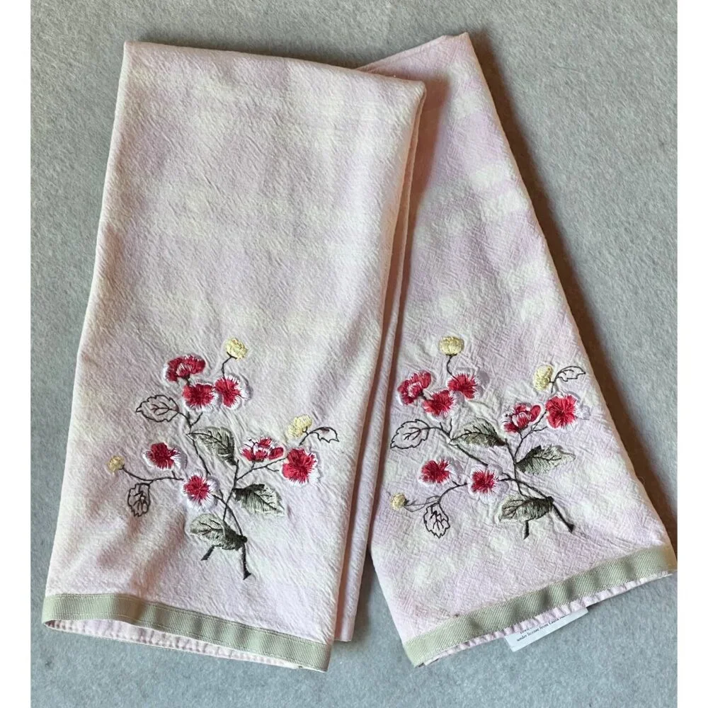 Laura Ashley Embroidered Floral Cotton Tea Towels Set Green Ribbon Trim VTG